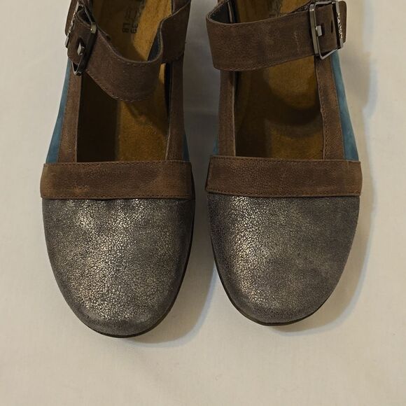 NAOT Dashing Pump Leather Mary Jane Heels Shoes Teal Brown 37/6-6.5 Hook & Loop - Picture 3 of 12